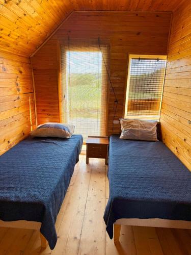 a bedroom with two beds in a wooden cabin at Krustceles in Baltinava