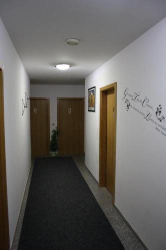 an empty hallway with doors and a carpet at Pension Kirchenwirt in Niederaichbach