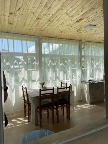 a dining room with a table and chairs and windows at Mtisani in Roshka