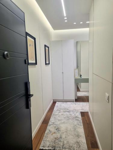 a hallway with a door and a rug at Dream Luxury Suite in Tirana