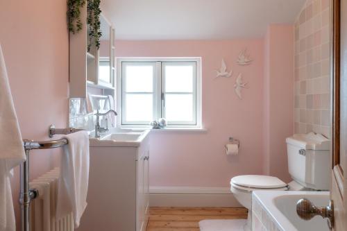 a bathroom with a toilet and a sink and a window at Finest Retreats - The Old Schoolhouse at Penrhos in Raglan