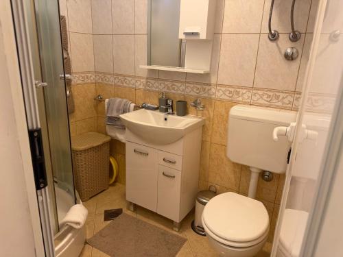 a small bathroom with a toilet and a sink at Apartments Marijan in Orebić
