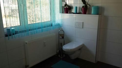 a bathroom with a toilet and a window at Modernes 3-Zimmer-Apartment nahe Graz in Gratkorn