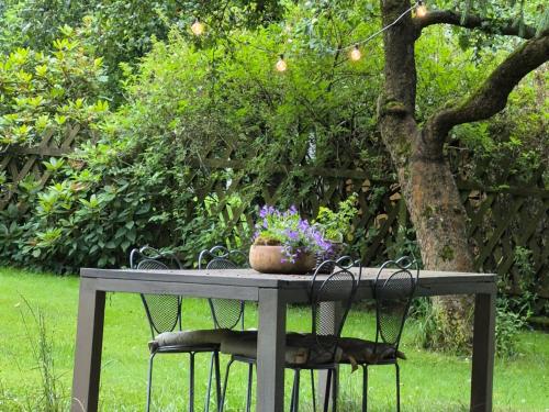 a table with a potted plant on it next to a tree at Pokój i Spokój Agroturystyka in Zacisze