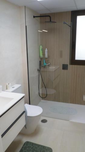 a bathroom with a shower and a toilet and a sink at Villa Ceesito in Los Alcázares