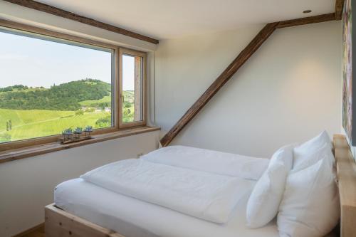 a bedroom with a bed with a large window at steiRerBLiCke - Weinstöckl Steinbach in Steinbach