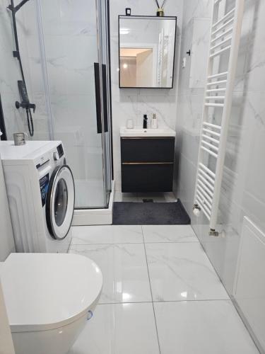 a white bathroom with a washing machine and a sink at Apartman Rena in Ivanec