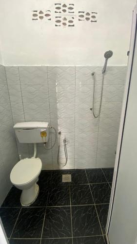 a bathroom with a toilet and a shower at Hotel O D Longan Cottage in Kampung Tikam Batu