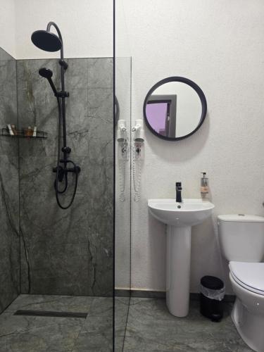 a bathroom with a shower and a sink and a mirror at Turmhaus Hermannstadt in Sibiu
