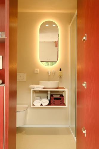 a bathroom with a sink and a mirror at Oseraie Cabins - Wild lodges entre Liège et Maastricht in Visé