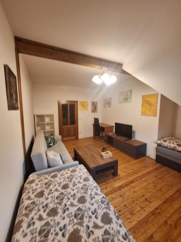 a room with a bed and a couch and a table at PoBytPodivín in Podivín