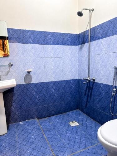 a blue tiled bathroom with a shower and a toilet at Blue Bird Resort Utror Swat in Utrot
