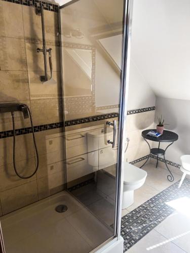 a shower with a glass door in a bathroom at Biały Dom in Kąty Rybackie