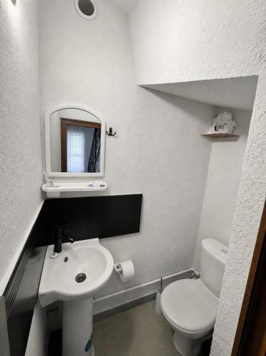 a white bathroom with a sink and a toilet at Family House in Sevan