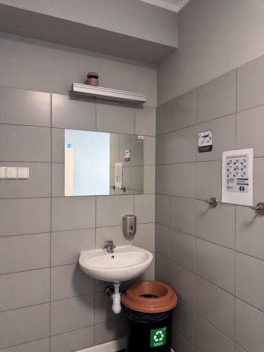 a bathroom with a sink and a mirror at Hostel Guido in Zabrze