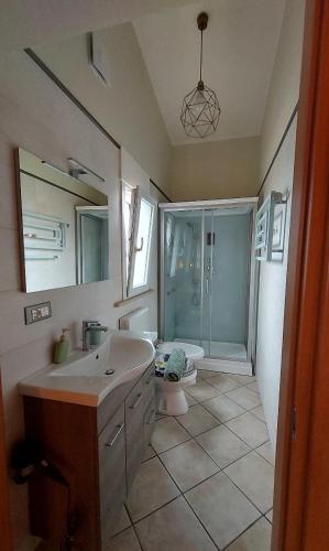 a bathroom with a sink and a shower and a toilet at Emerald House in Augusta in Augusta