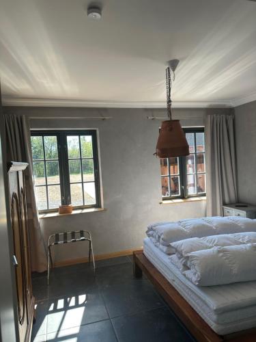 a bedroom with a bed and two windows at Matzens Hus in Handewitt