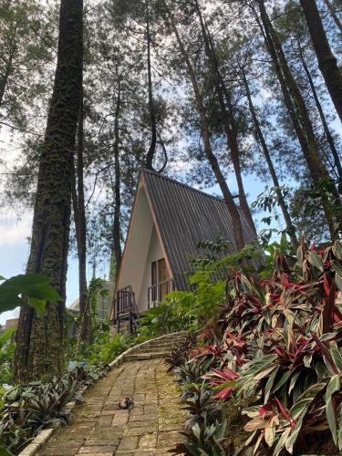 a house in the woods with a path leading to it at The Nest Park in Prigen