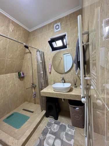 a bathroom with a sink and a shower with a mirror at Borjomi Tskhaoba in Borjomi