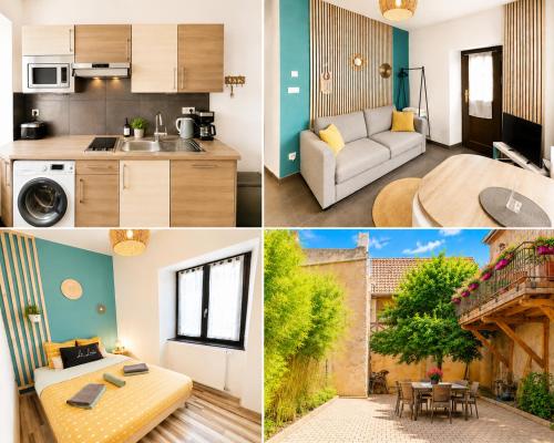 a collage of photos of a kitchen and a living room at Gîte Lorelei Obernai Centre Ville 2 à 4 personnes in Obernai