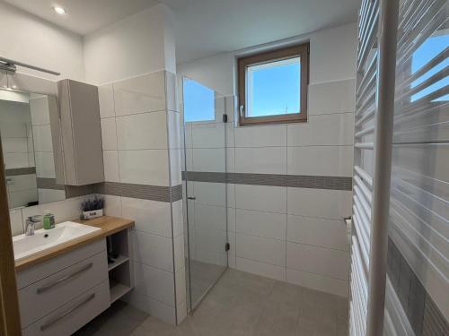 a bathroom with a sink and a shower at Pater Apartman in Zalaegerszeg