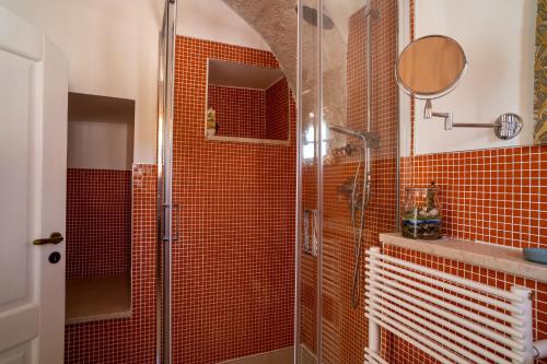 an orange tiled bathroom with a shower and a sink at I Trulli di Anna in Locorotondo