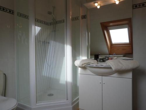 a white bathroom with a shower and a sink at Vakantiehuis 'De Wulpenbrug' in Wulpen