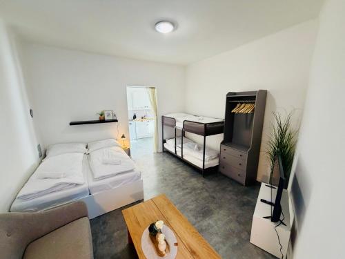 a bedroom with a bed and a couch and a tv at Apartmány pod zvonicí, Vimperk in Vimperk
