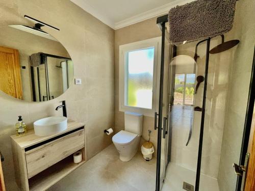 a bathroom with a toilet and a sink and a mirror at Villa Gabriela - piscine privée proche Punta Prima in Punta Prima