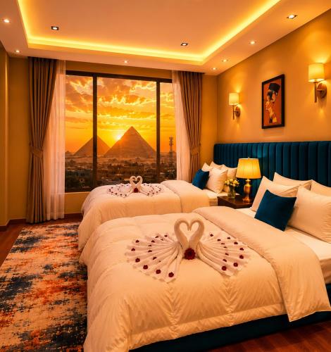 a hotel room with three beds with a view of the pyramids at MiRAGE PYRAMiDS HOTEL in Cairo