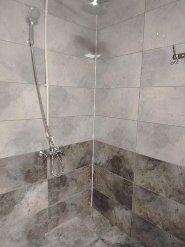 a shower with a glass door in a bathroom at Mahmud Guest House in Sheki