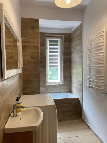 a bathroom with a sink and a bath tub at HOSTEL Simply Great in Toruń