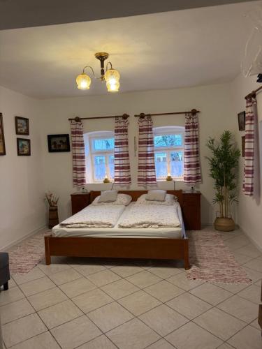 a bedroom with a bed and two windows at Árpád nyaralóház in Sarud