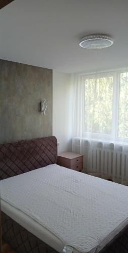 a bedroom with a large bed and a window at Baltas beržas in Anykščiai