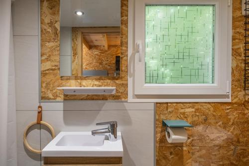 a bathroom with a sink and a window at Tiny House au coeur de la nature in Bessuéjouls
