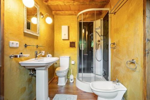 a bathroom with a toilet and a sink and a shower at Chalet 4 in Sankt Englmar