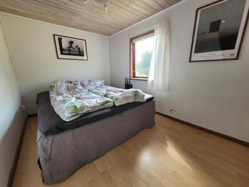 a bedroom with a bed in a room with a window at Enkelt nära havet in Skummeslövsstrand
