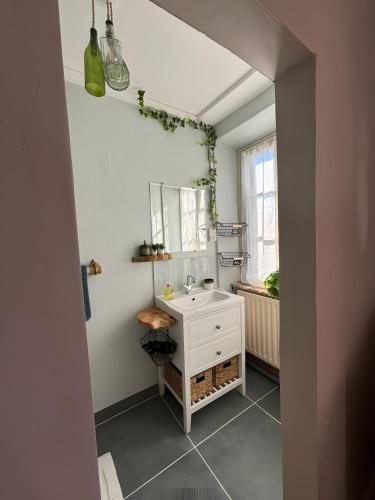 a bathroom with a sink and a mirror at La Parenthese in Folles