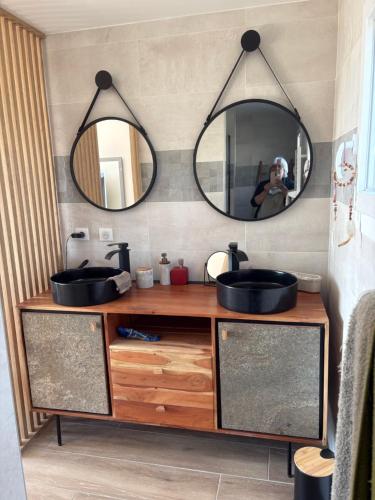 a bathroom with two sinks and two mirrors at Les vergers d'Anjoy in Montesquieu