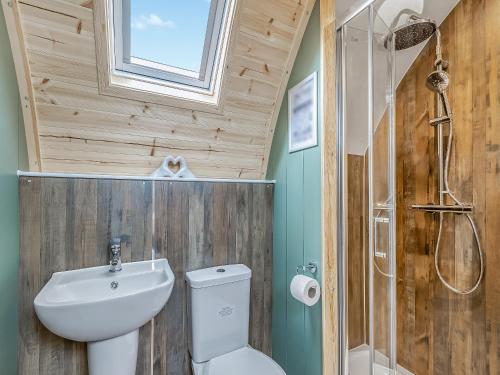 a bathroom with a toilet and a sink and a shower at The Warren - Uk47582 in Sutton on the Hill
