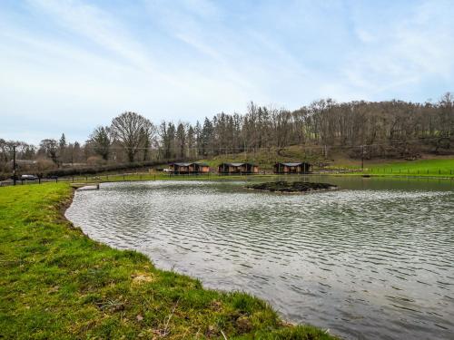 a lake with a group of houses in the background at Lakeside Lodge - Uk50627 in Welshpool