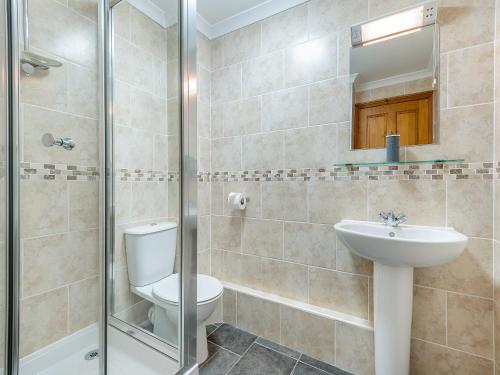 a bathroom with a toilet and a sink and a shower at Byre - Uk49899 in Blandford Forum