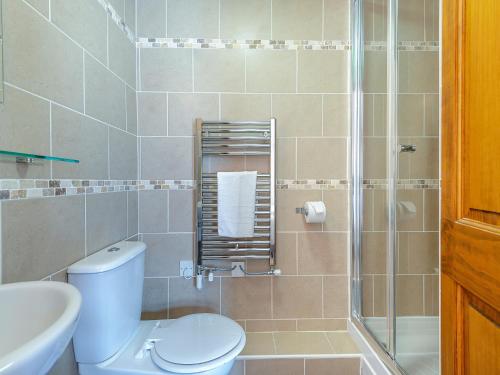 a bathroom with a toilet and a shower at Byre - Uk49899 in Blandford Forum