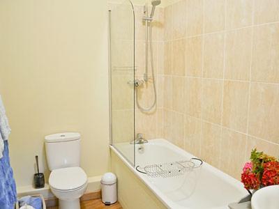 a bathroom with a shower and a toilet and a tub at Ox Lodge Barn - Pqqw in Battle