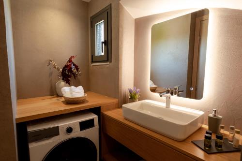 a bathroom with a sink and a washing machine at Forestbreeze in Metóchion