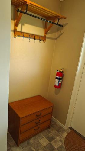 a room with a dresser and a shelf with a fire bucket at Gårdsjö 5 in Gårdsjö