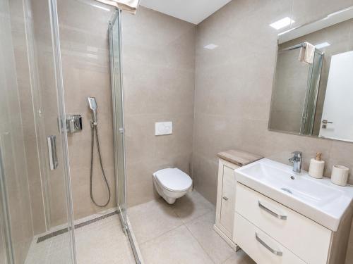 a bathroom with a shower and a toilet and a sink at Aparthotel Olympland in Trutnov