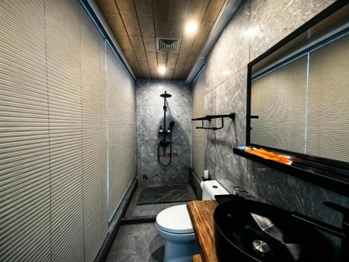 a bathroom with a toilet and a sink and a mirror at 芮嘉民宿 阳朔西街店 in Yangshuo