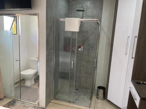 a shower stall in a bathroom with a toilet at Cradle Mount Hotel Suites in Muldersdrift