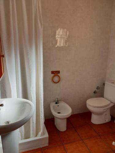 a bathroom with a toilet and a bidet and a sink at Casa rural Casa Camilo in Agüero